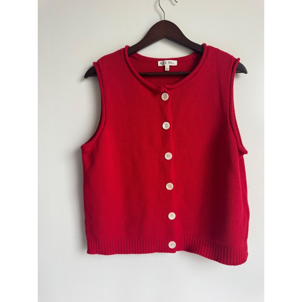 Alex Mill Red 100% Cotton Button Front Sweater Vest Preppy Minimalist Large knit